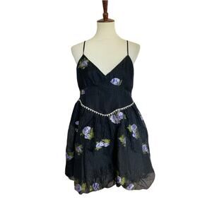 Sister Jane Dream jacquard cami dress with puff skirt dark floral diamante trim